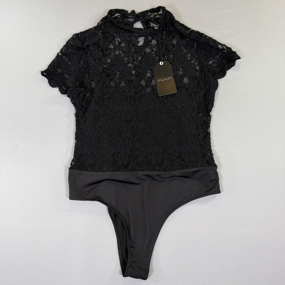 Black Floral Lace Mock Neck Bodysuit L Romantic Goth Coquette Victorian Date NEW